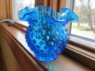 Fenton Blue Glass Hobnail Glass Rose Bowl W Ruffle Scalloped Edge 4 " Tall