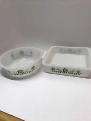 Vintage Glasbake 2 Quart Round And 8” Square Pan Casserole J514 Green Daisy