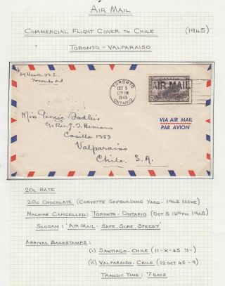 Canada 1945 Wwii 20c Rate Airmail Cover Toronto To Valparaiso Chile