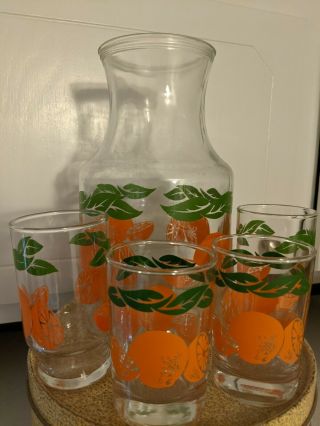 Vintage Anchor Hocking Orange Juice Carafe Decanter Pitcher W/ 4 Glasses