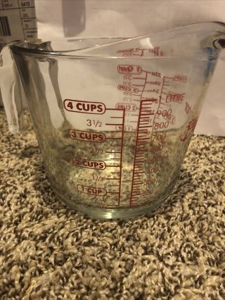 Anchor Hocking glass 4 cup 1 Quart measuring cup red letters/numbers 2