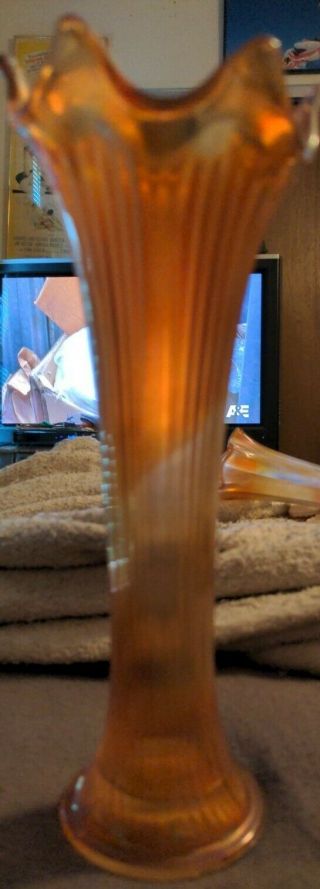 Vintage Marigold Carnival Glass Rippled Swung Vase Iridescent Orange 8 "
