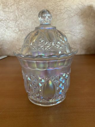 Iridescent Imperial Clear Carnival Glass Lidded Candy Dish Jar Beaded Jewel