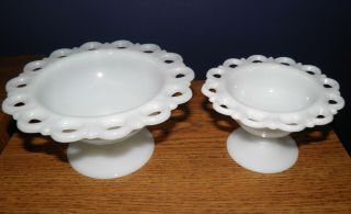 Vintage White Milk Glass Lace Edge Pedestal Compote Vases Bowls Set Of 2