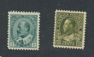2x Canada Stamps Edward Vii 89 - 1c Mnh Gc F/vf 119 - Mh F/vf Guide Value = $140.  00