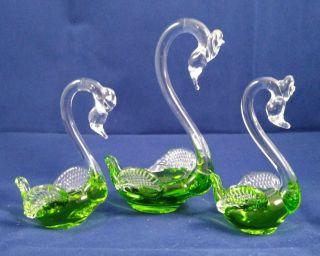 Vintage Bohemian Czech Hand Blown Green Art Glass 3 Piece Set Swan Figurines