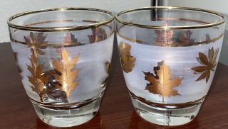 Vintage Libbey Frosted Gold Leaf Glasses Set Of 2 Mid Century - 3 1/2” Tall