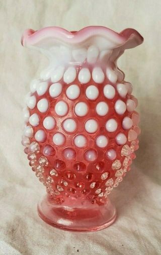 Vtg Fenton Hobnail Ruffled Vase | Pink And White Opaque | 3 3/4 "