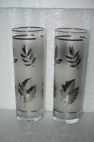 2 Libbey Silver Foliage Leaf Frosted Tall Glass Ice Tea Tom Collins 7 " 12 Oz Vtg