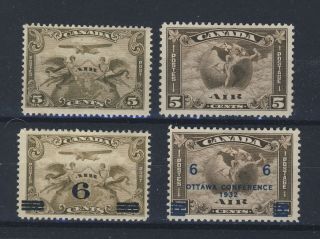 4x Canada Mh Airmail Stamps C1 - 5c F C2 - 5c F/vf C3 - 6/5c C4 - 6c/5c Gv = $103.  00