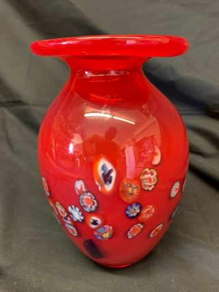 Murano Millefiori Red Hand Blown Paperweight Vase