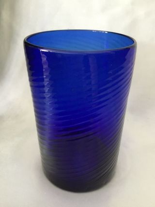 Vintage Hand Blown Cobalt Blue Tumbler 4 1/4” Tall Swirl Design Rough Pontil