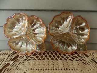Set Of 2 Vintage Iridescent Carnival Glass 3 Section Leaf Shaped Candy Nut Dish