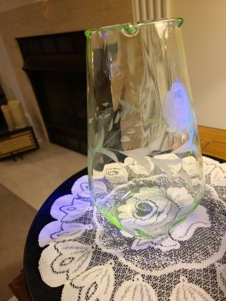 Vintage Green Uranium Vaseline Depression Glass Vase 8 ” - Etched Flowers