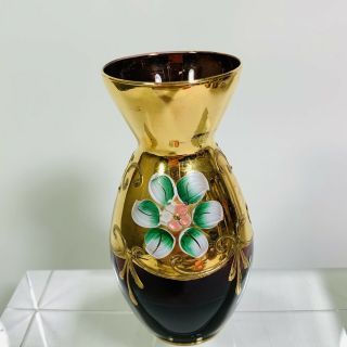 Miniature Murano Ruby Red Vase Art Glass 11x6 Cm 24k Gold Enamelled Flower Decor