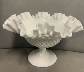 Hobnail Milk Glass Ruffled Pedestal Fruit Bowl