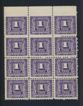 12x Canada Postage Due Stamps Block Of 12 J1 - 1c Mng F/vf Guide Value = $156.  00