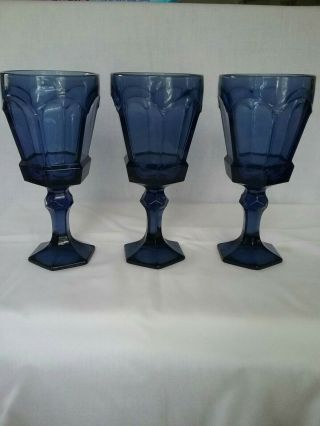 3 Vintage Fostoria Cobalt Blue Water Iced Tea Goblets Virginia Pattern 6.  1/2 "