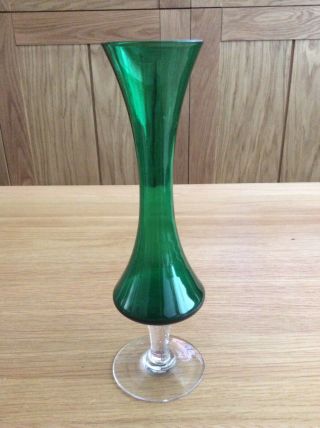 Vintage Dark Green Glass Bud Vase With Clear Short Stem 20cm In Height