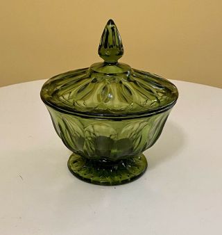 Vintage Indiana Glass Footed Avocado Green Candy Dish With Lid