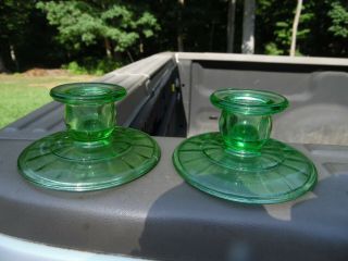 Vintage Hocking Block Optic Green Depression Uranium Glass Candlesticks