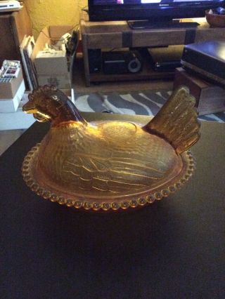 Vintage Carnival Amber Indiana Glass Iridescent Chicken Hen On Nest Candy Dish 2
