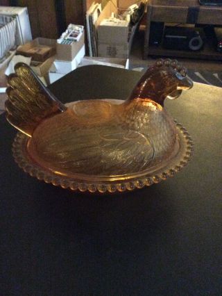 Vintage Carnival Amber Indiana Glass Iridescent Chicken Hen On Nest Candy Dish 3