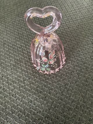 Fenton Pink Hand Painted Artist Signed Glass Bell With Heart Handle