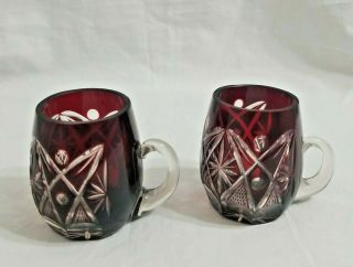 Vintage Czech Bohemian Shot Glass Set Of 2 Handled Mugs Red Etched