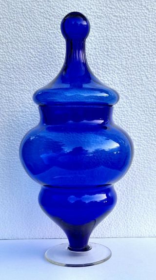 Vintage Blue Empoli Glass Lidded Candy Jar - Perfect