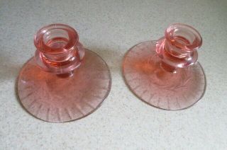 2 Pink Depression Glass Candle Holders - Etched Designs - Matching Pair