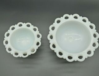 2 Vintage White Milk Glass Lace Edge Pedestal Footed Fruit Bowl Compotes