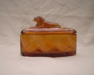 Amber Glass Lion Lidded Trinket Jar Box Heisey ?