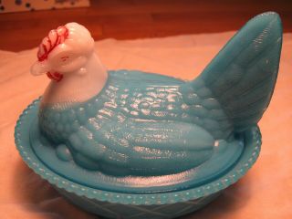 Vintage Indiana Blue And White Milk Glass Hen On Nest