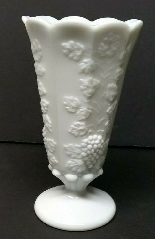 Westmoreland Milk Glass Vase Paneled Grape Pattern.  Signed On The Bottom