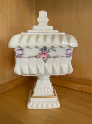 Westmoreland Hand Painted White Milk Glass Footed Covered Candy Dish Vintage
