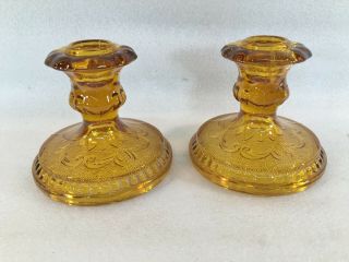 Vintage Tiara Indiana Sandwich Pattern Amber Glass Candlestick Holders