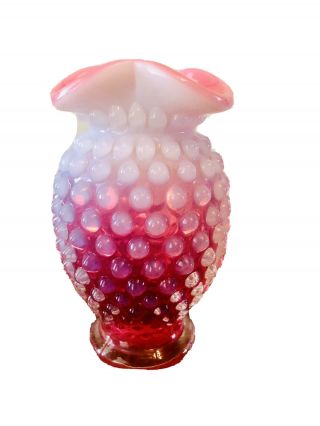 Vintage Fenton Mini Vase Hobnail Cranberry Opalescent Glass Crimp/ruffle Top