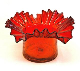 Vintage Large Blenko Amberina Red Crackle Art Glass Ruffled Edge Bowl
