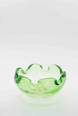 Vintage Hand Blown Green Art Glass Bowl Ash Tray Bullicante Controlled Bubbles