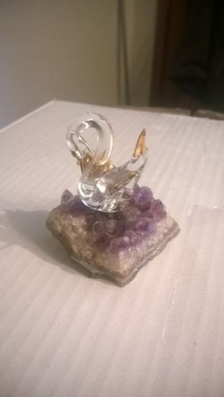 Glass Swan On Mineral Crystals Base Nearly 3 Inches High