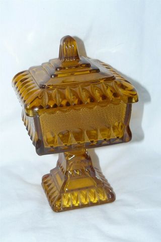 Vintage Indiana Glass Square Covered Candy Dish Footed Compote Amber 6 " Euc