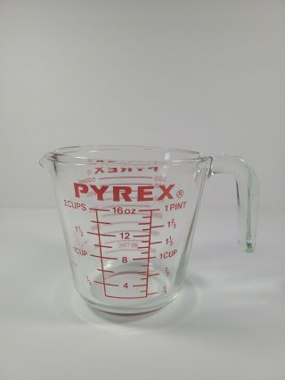 Vintage Pyrex 516 Clear Glass Measuring Cup Open Handle Red Lettering 2 Cups