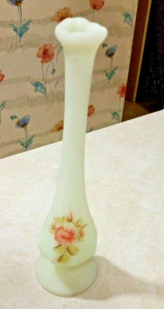 Fenton Custard Glass Bud Vase Hand Painted Pink Roses - Signed D.  Robinson