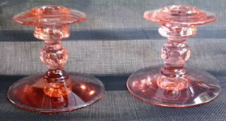 Pair Vintage Pink Depression Glass Candle Stick Holders No Etch Elegant