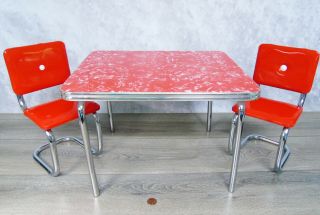 American Girl Doll Molly CHROME TABLE & CHAIRS Retro Red Vinyl Diner Kitchen Set 6