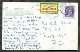 P1706 - British Columbia 1958 Centenary Cinderella / Label On Postcard.  Hinton ✉