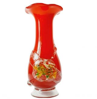 Vintage Murano Red Glass Art Vase White Cased Ruffled Lip With Flower Rosette