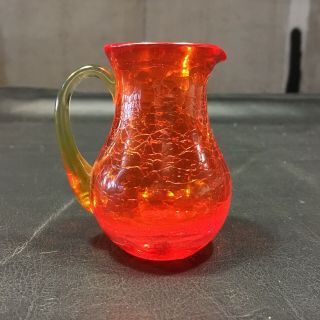 Vintage Hand Blown Orange Crackle Glass Small Pitcher Applied Handle