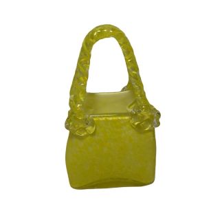 Murano Style Blown Art Glass Handbag Purse Vase Yellow White Lining Handles